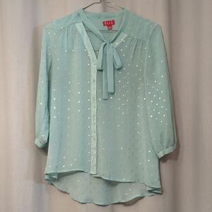ELLE Aqua Tie-Neck Blouse with Metallic Dot Accents